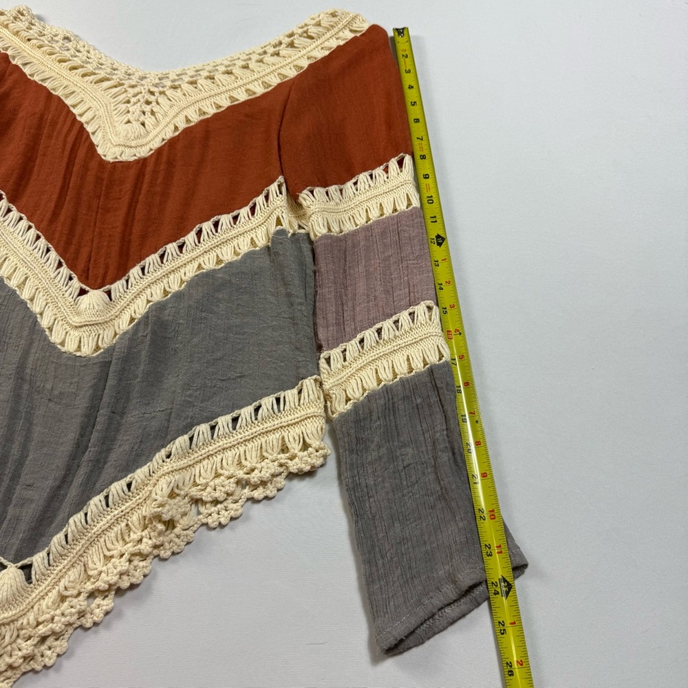Boho Crochet Lace Tunic Top Women's Medium Rust Grey Colorblock Chevron Lace - Picture 6 of 8